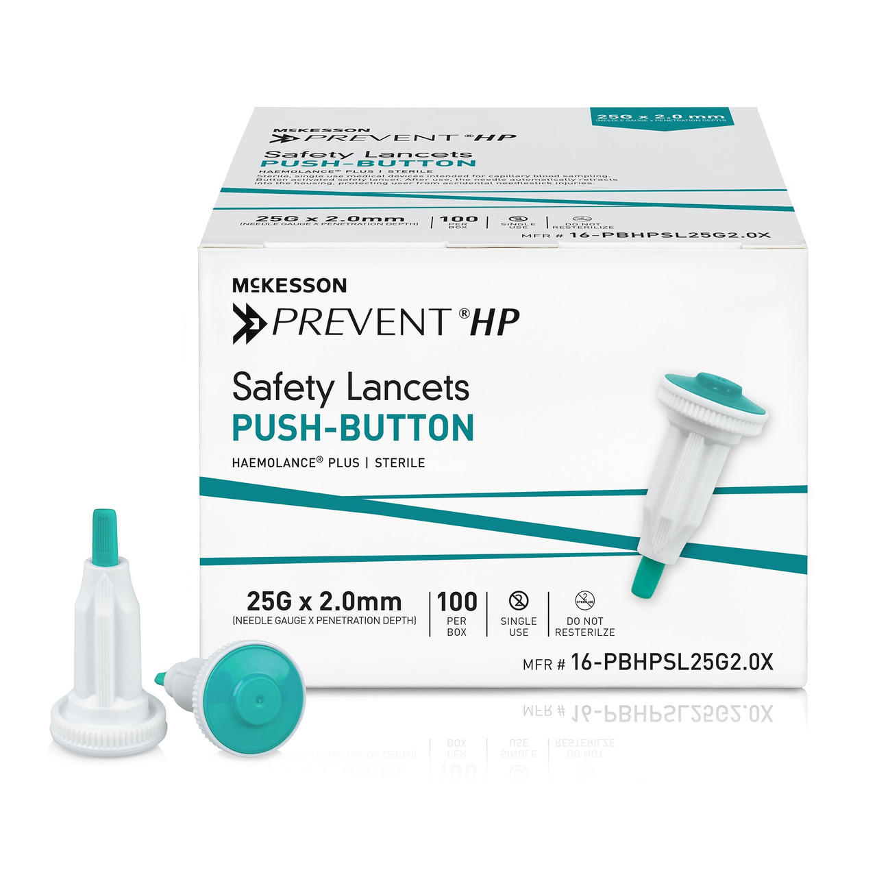 Safety lancets push-button, 25G x 2.0mm fixed-depth, 100-count box