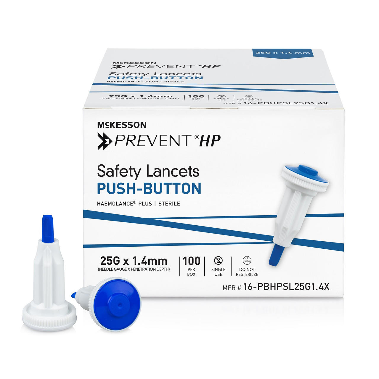 Safety lancets push-button, 25G x 1.4mm fixed-depth, 100-count box