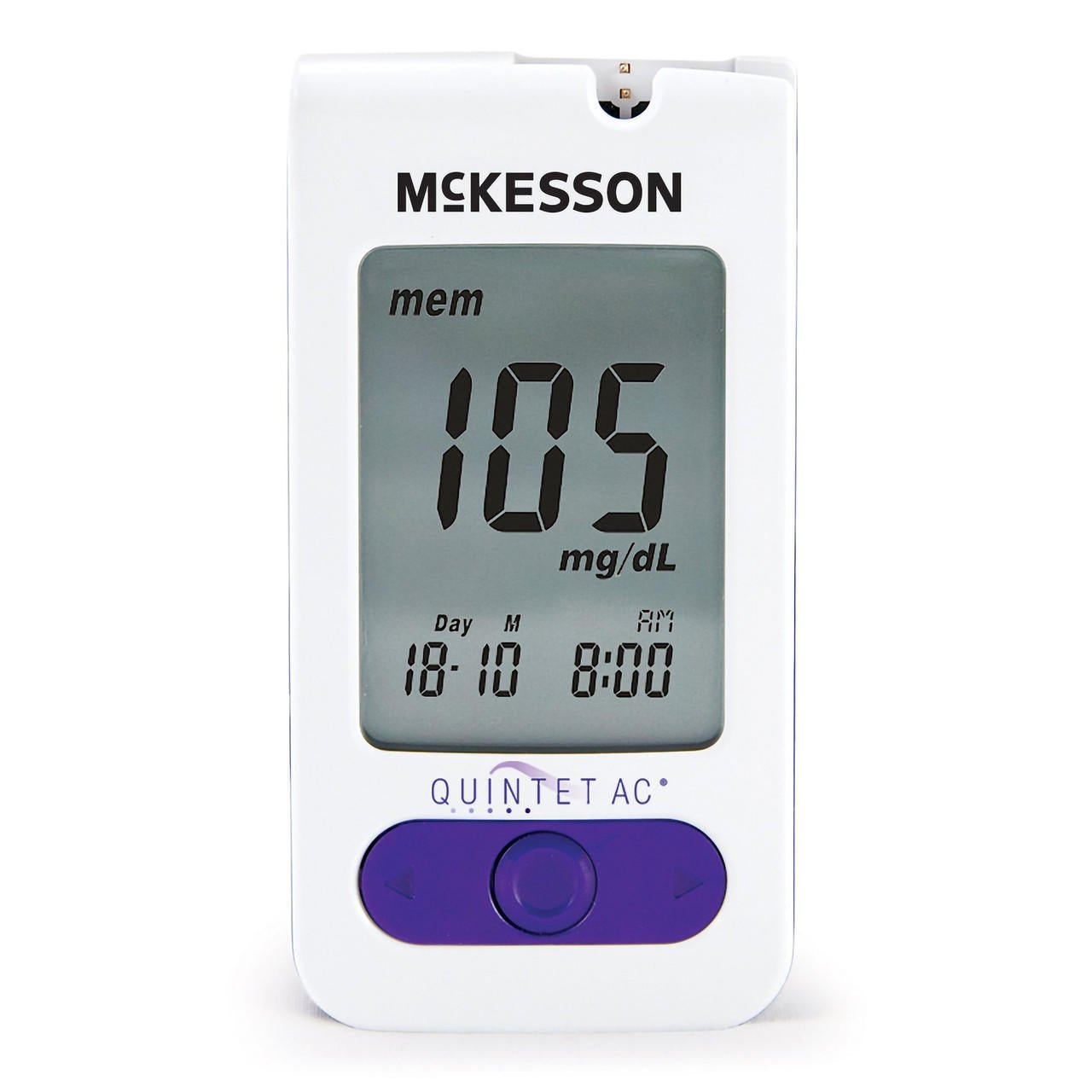 McKesson QUINTET AC blood glucose meter with display showing 105 mg/dL
