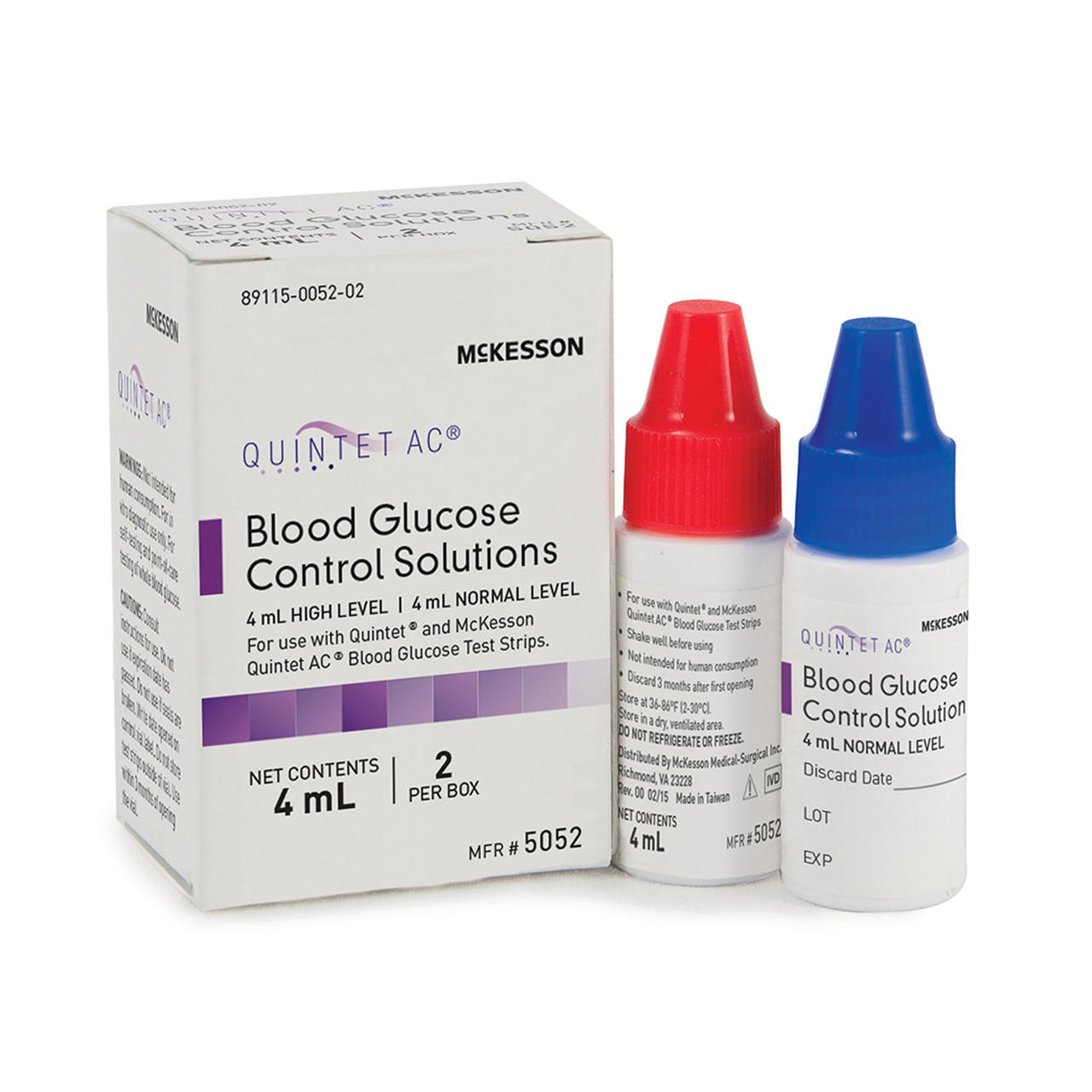 Quintet AC blood glucose control solutions, 4 mL—red high level and blue normal level