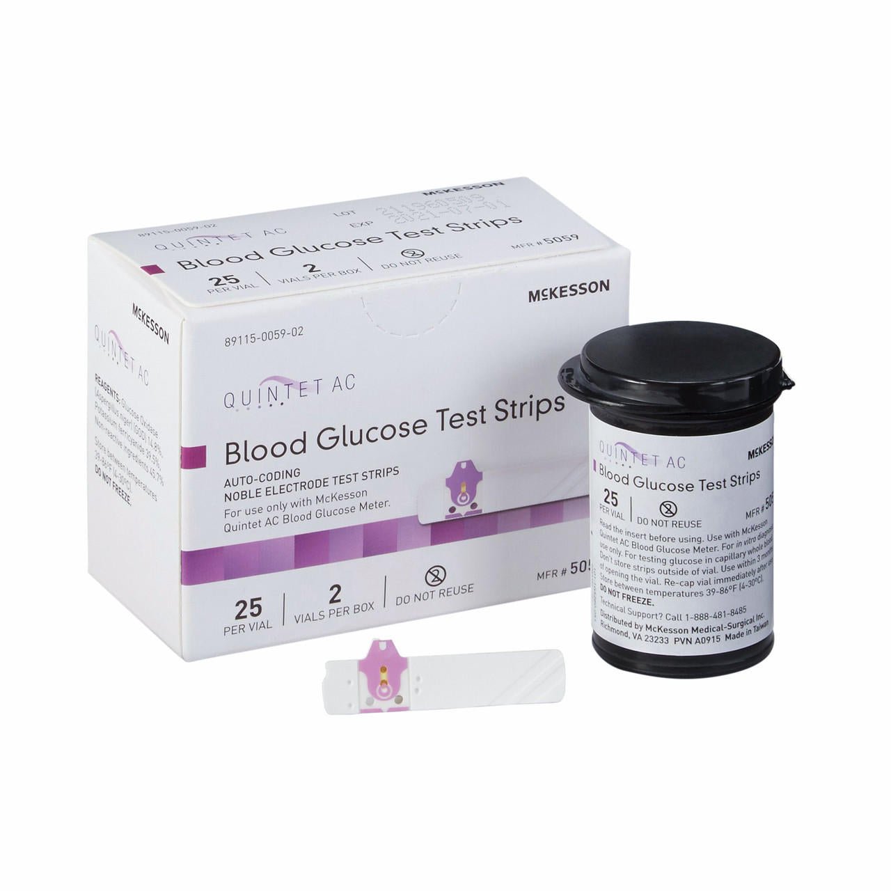 Quintet AC blood glucose test strips box with 25 vials per vial, noble electrode strips
