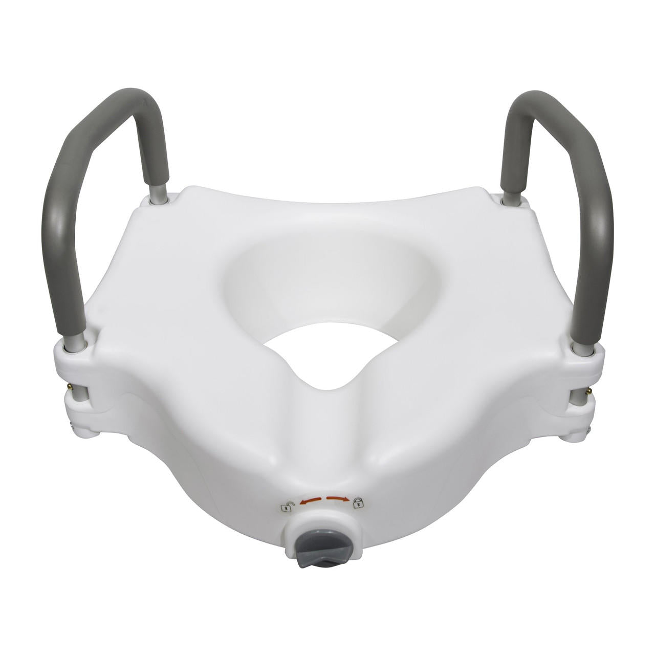 White raised toilet seat with gray arms, central cutout, lock base and control knob