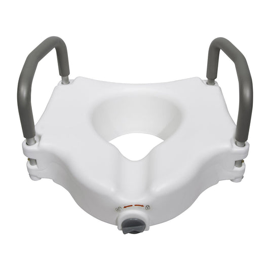 White raised toilet seat with gray arms, central cutout, lock base and control knob
