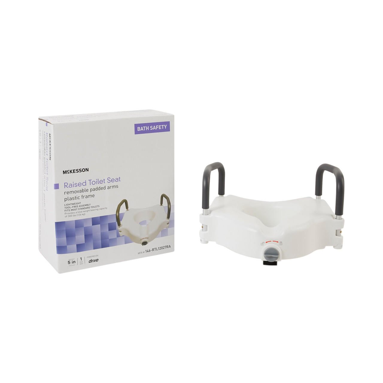 White raised toilet seat with removable padded armrests, shown with product box