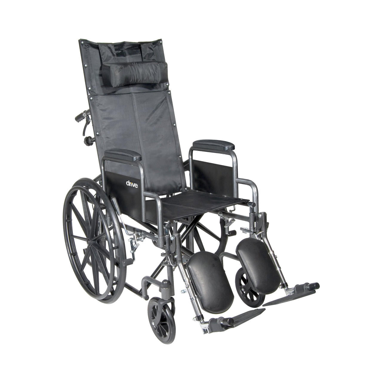 Side view reclining wheelchair with detachable desk arms and black cushioned leg rests