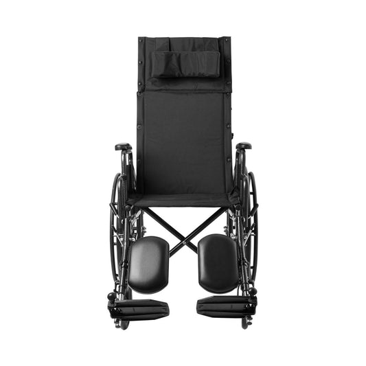 Front view reclining wheelchair with padded arm supports and black seat back upholstery
