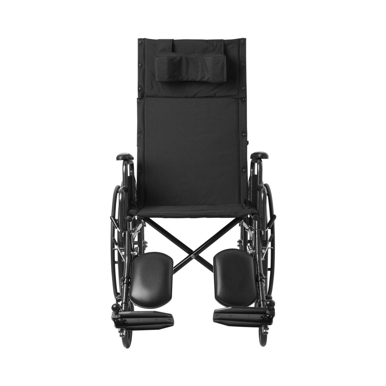 Front view reclining wheelchair with padded armrests and black seat cushions