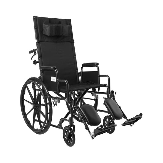 Reclining wheelchair with detachable desk arms, black seat and back upholstery
