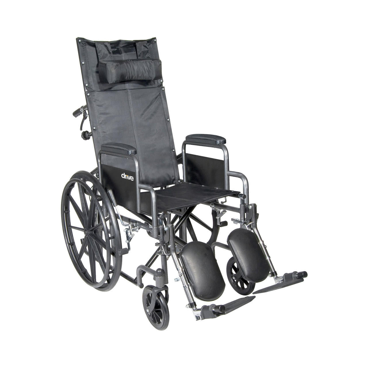 Side view reclining wheelchair with desk arms and footrests, dark upholstery