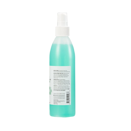 Back label view of McKesson rinse-free perineal cleanser, 8 oz spray pump bottle