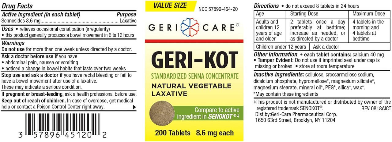 Geri-Kot senna laxative bottle back label with Drug Facts, 8.6 mg.