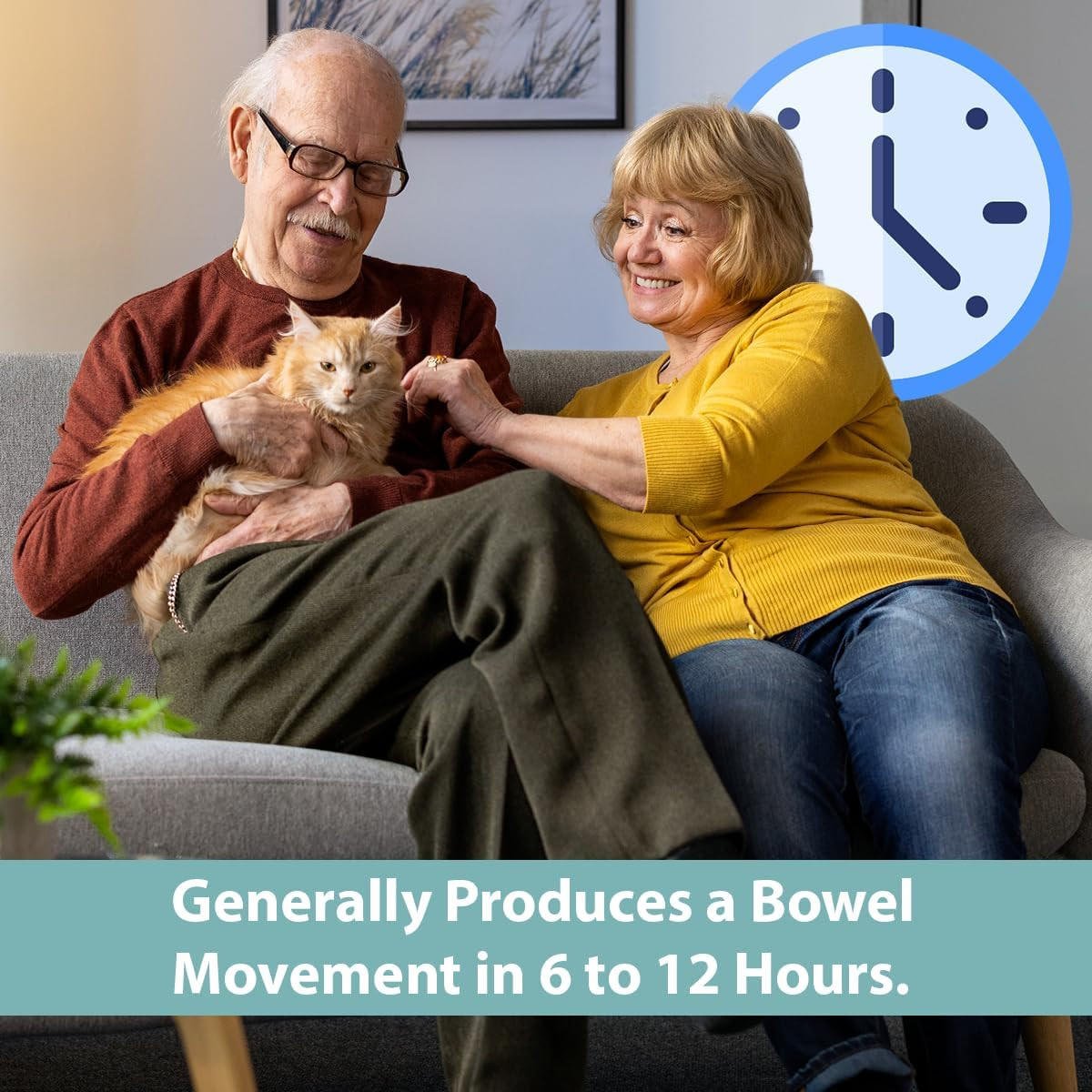 Ad showing seniors and cat with text: Bowel movement in 6 to 12 hours.