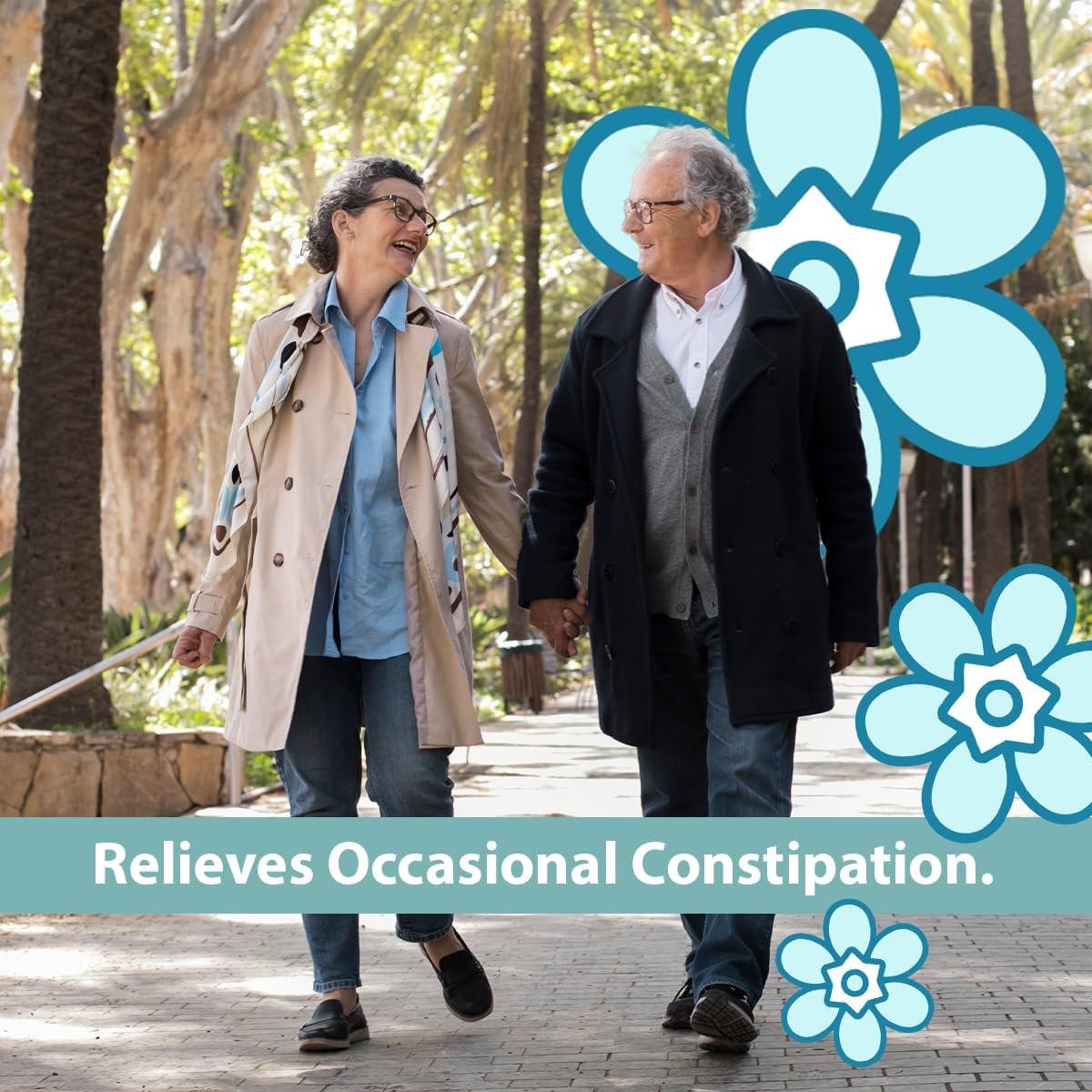 Ad showing couple walking with text: Relieves occasional constipation.