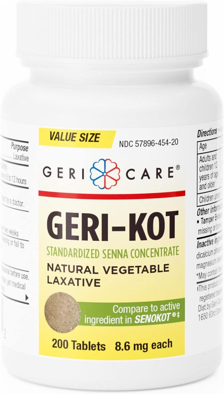 Geri-Kot senna laxative bottle, 200 tablets, 8.6 mg each.