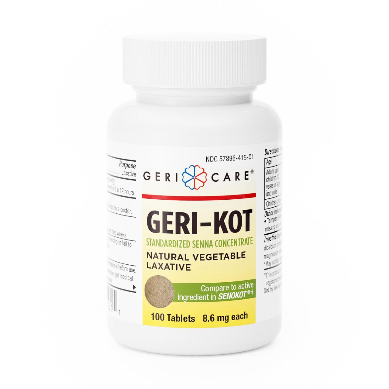 Geri-Kot senna laxative bottle, 100 tablets, 8.6 mg each.