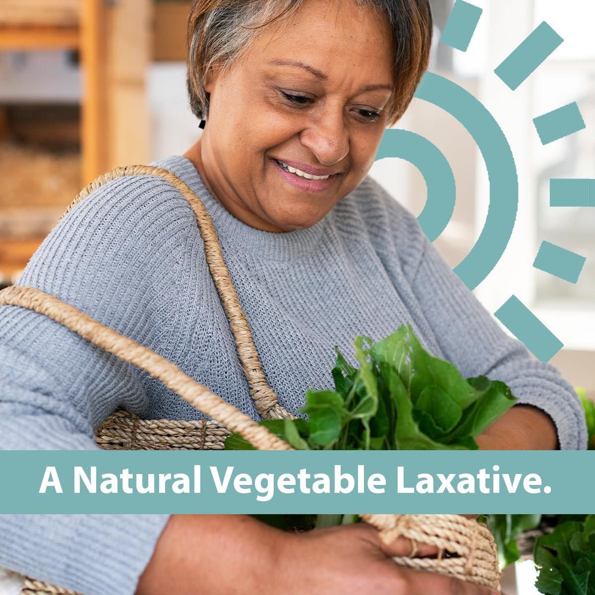 Natural vegetable laxative ad text with leafy greens and seated woman.