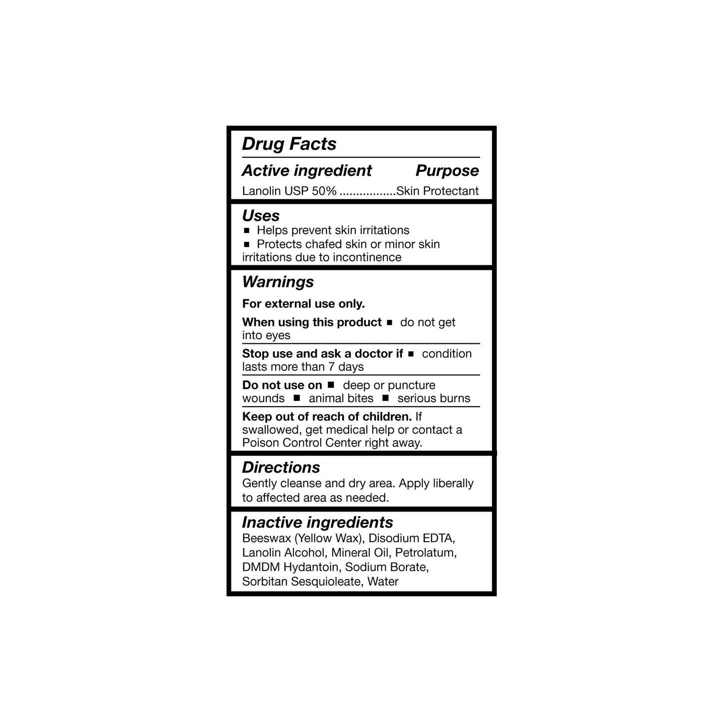 Drug Facts for lanolin USP 50% skin protectant cream: uses, warnings, directions
