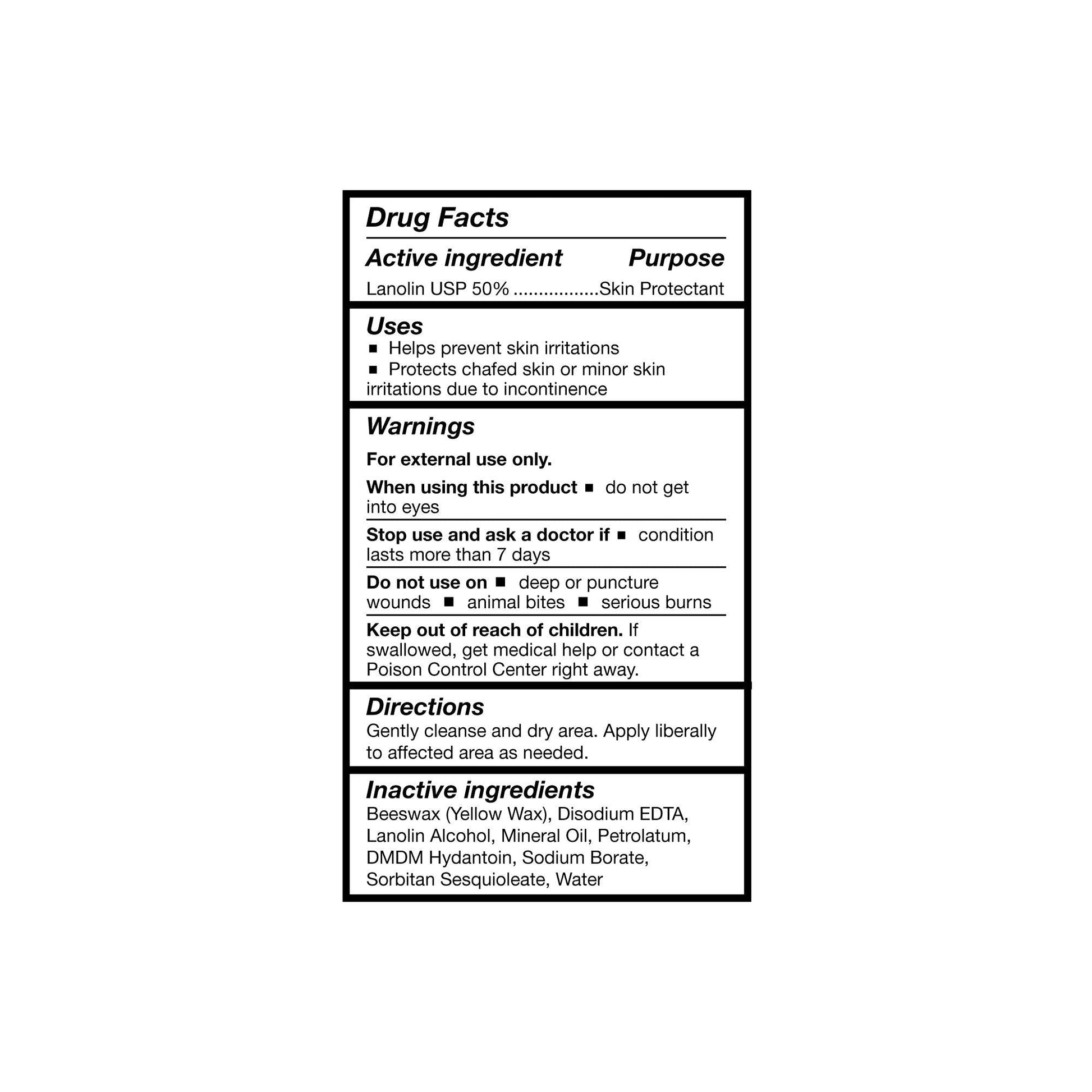 Drug Facts for lanolin USP 50% skin protectant cream: uses, warnings, directions