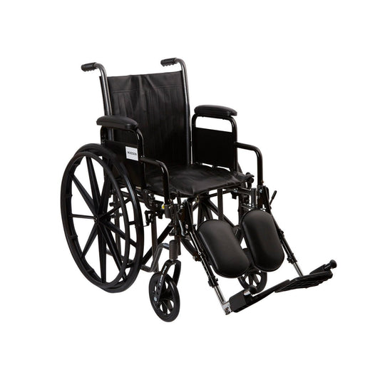 Black wheelchair with swing-away elevating footrests and desk-style detachable arms