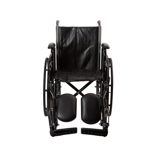 Black wheelchair seat and backrest with padded leg supports and armrest pads