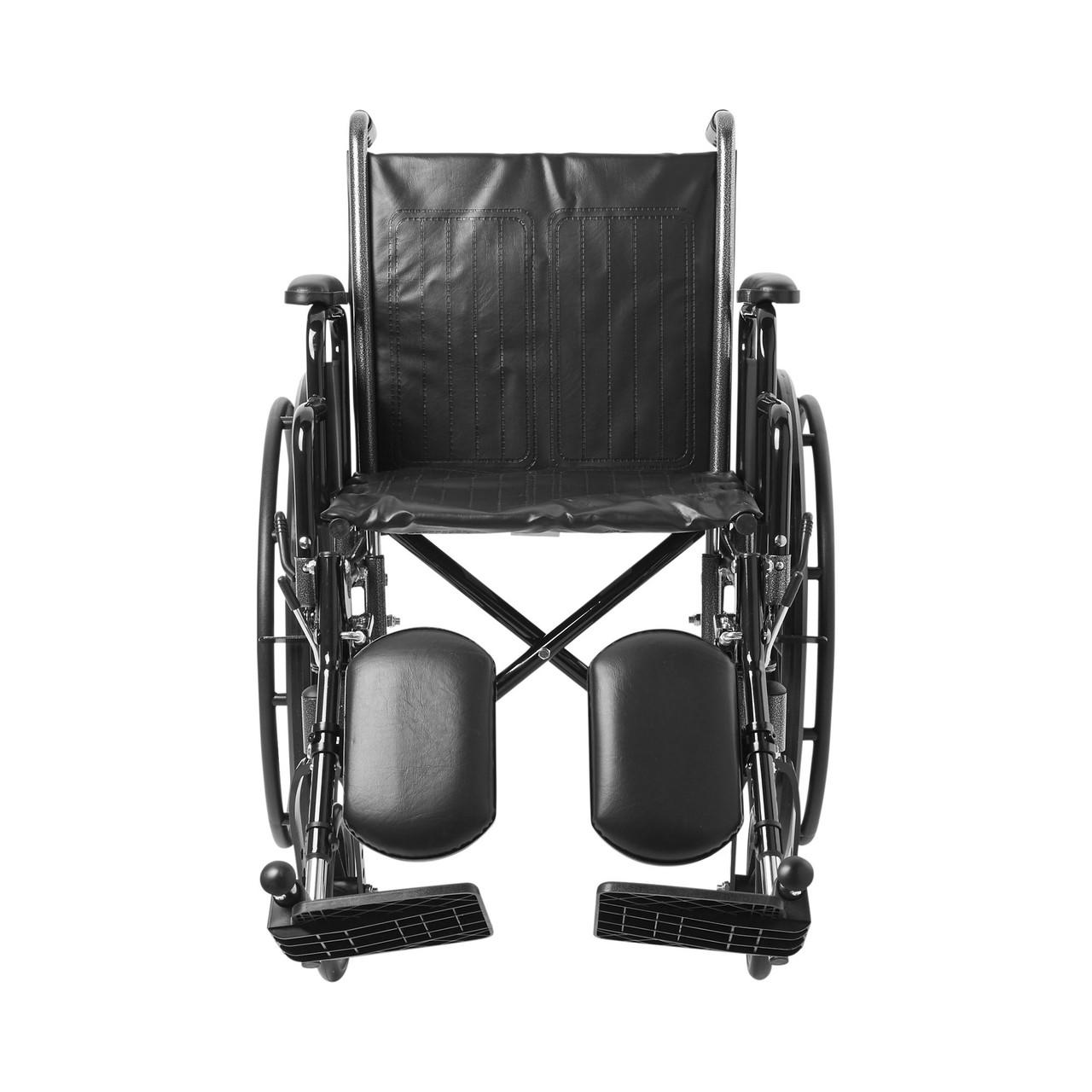 Front view of black wheelchair with cushioned seat, legrests, and detachable arms