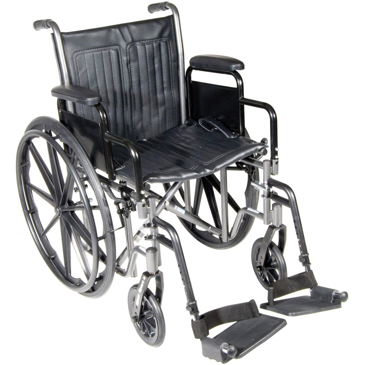 Black wheelchair with swing-away footrests and detachable desk arms, 18 in