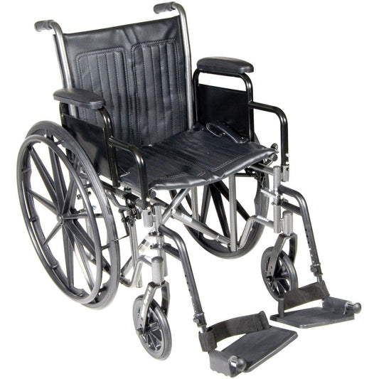 Black wheelchair with swing-away footrests and detachable desk arms, 18 in