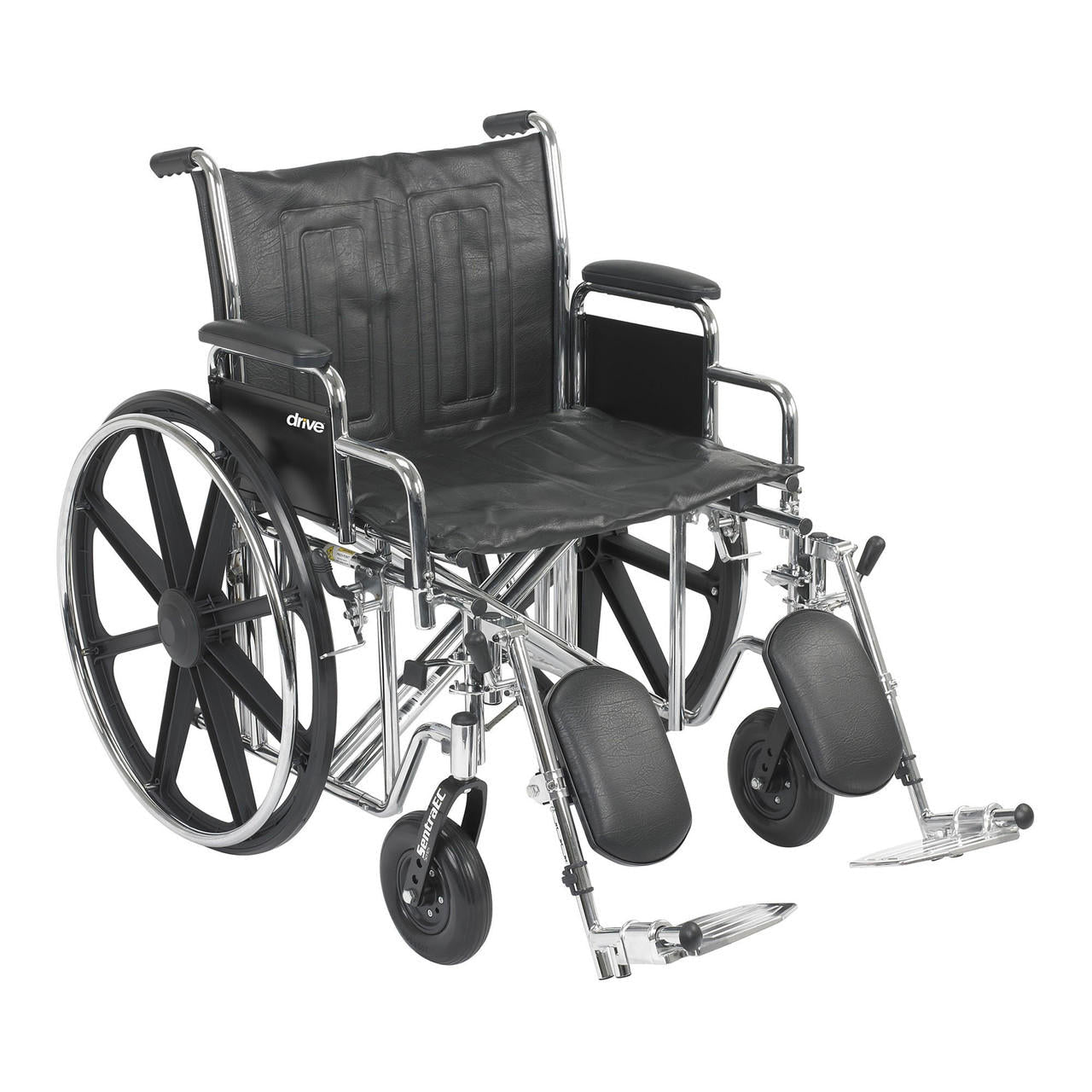 Standard wheelchair with elevating swing-away footrests and detachable desk arms, black seat