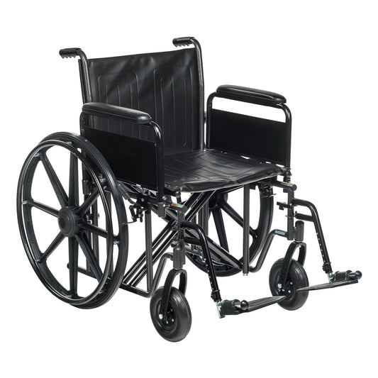 Wheelchair with 18-in back height, black padded seat and desk-style arms