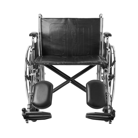 Wheelchair front view with padded seat and armrests, and leg supports; black upholstery