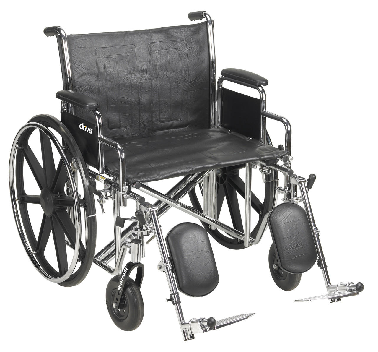 Wheelchair with padded back, detachable desk arms, and elevated footrests; black upholstery