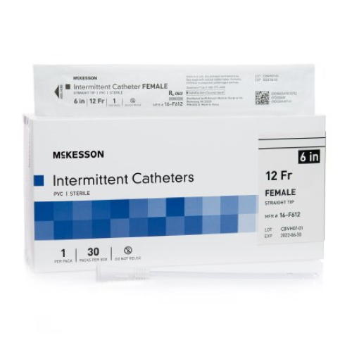 McKesson female intermittent catheter, 12 Fr, 6 in, straight tip; single catheter shown