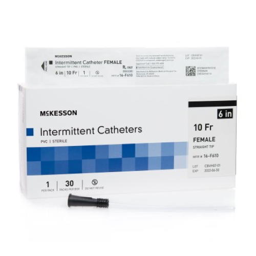 McKesson female intermittent catheter, 10 Fr, 6 in, straight tip; single catheter shown