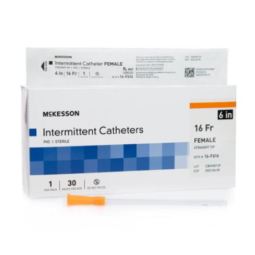 McKesson female intermittent catheter, 16 Fr, 6 in, straight tip; orange catheter shown