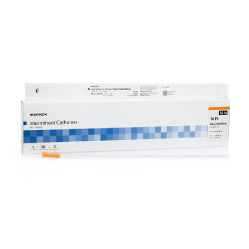 Straight tip PVC urethral catheter, male, 16 Fr, 16 in intermittent—boxed