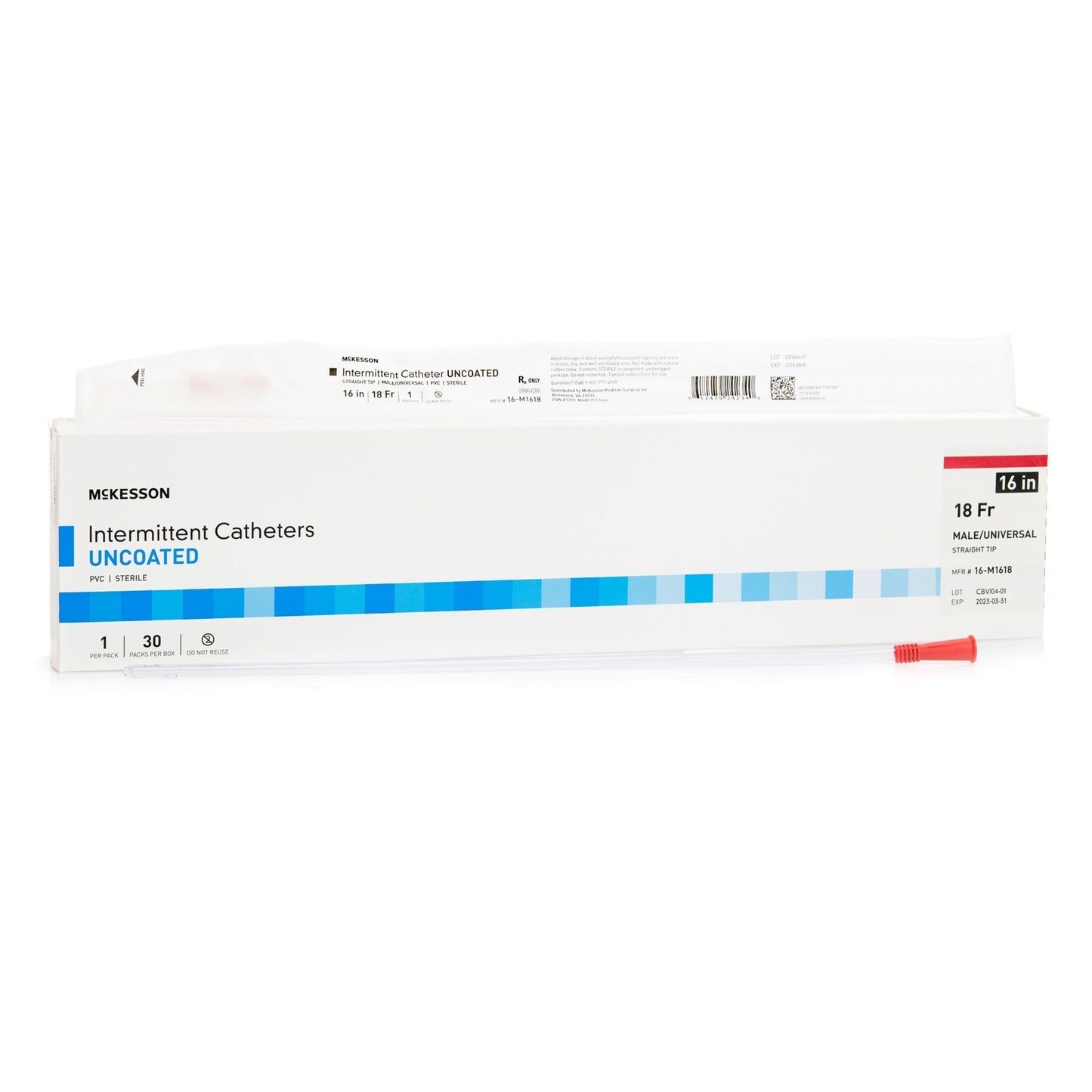 Straight tip PVC urethral catheter, male, 18 Fr, 16 in intermittent UNCOATED—boxed