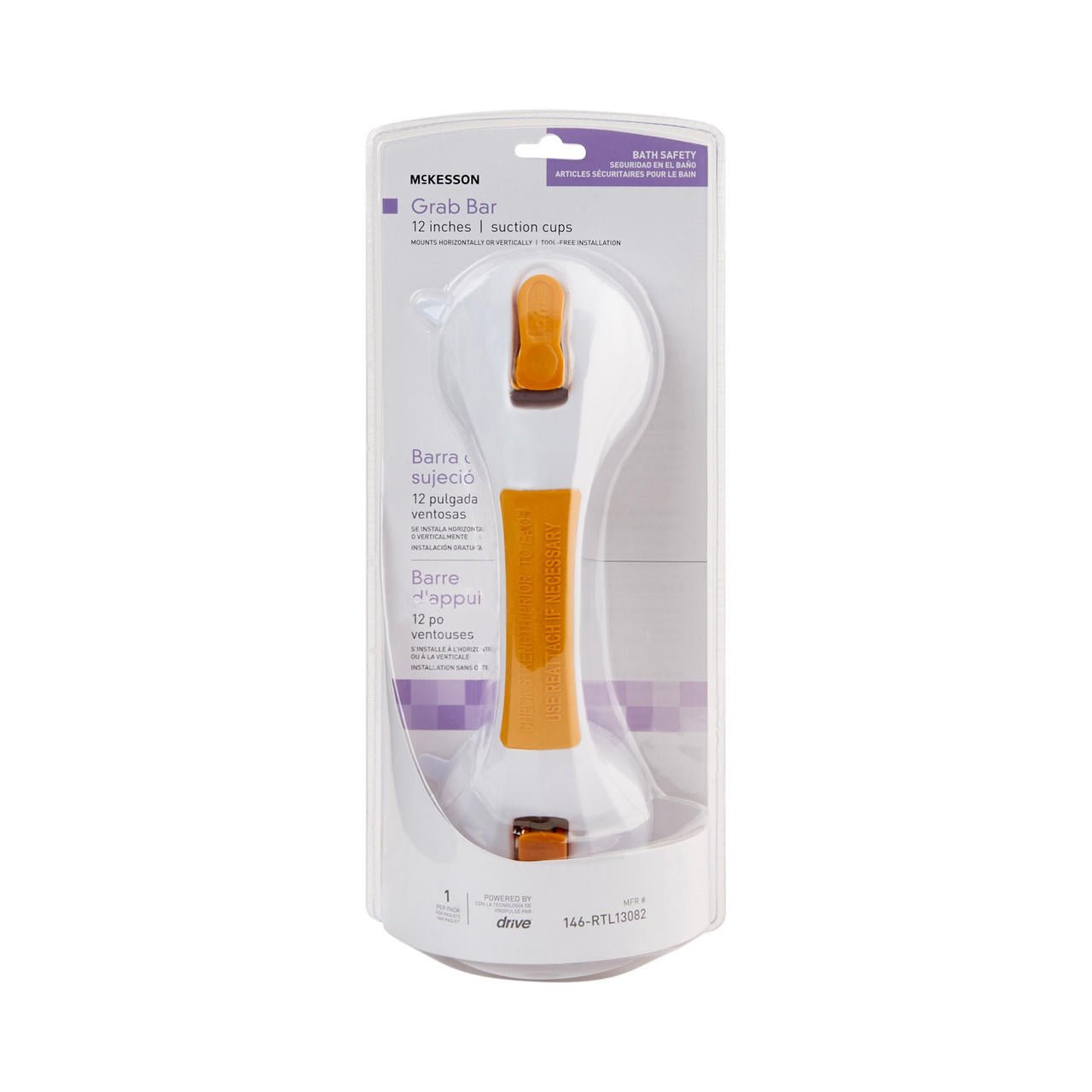 Blister package for suction-cup grab bar, orange handle and two white cups