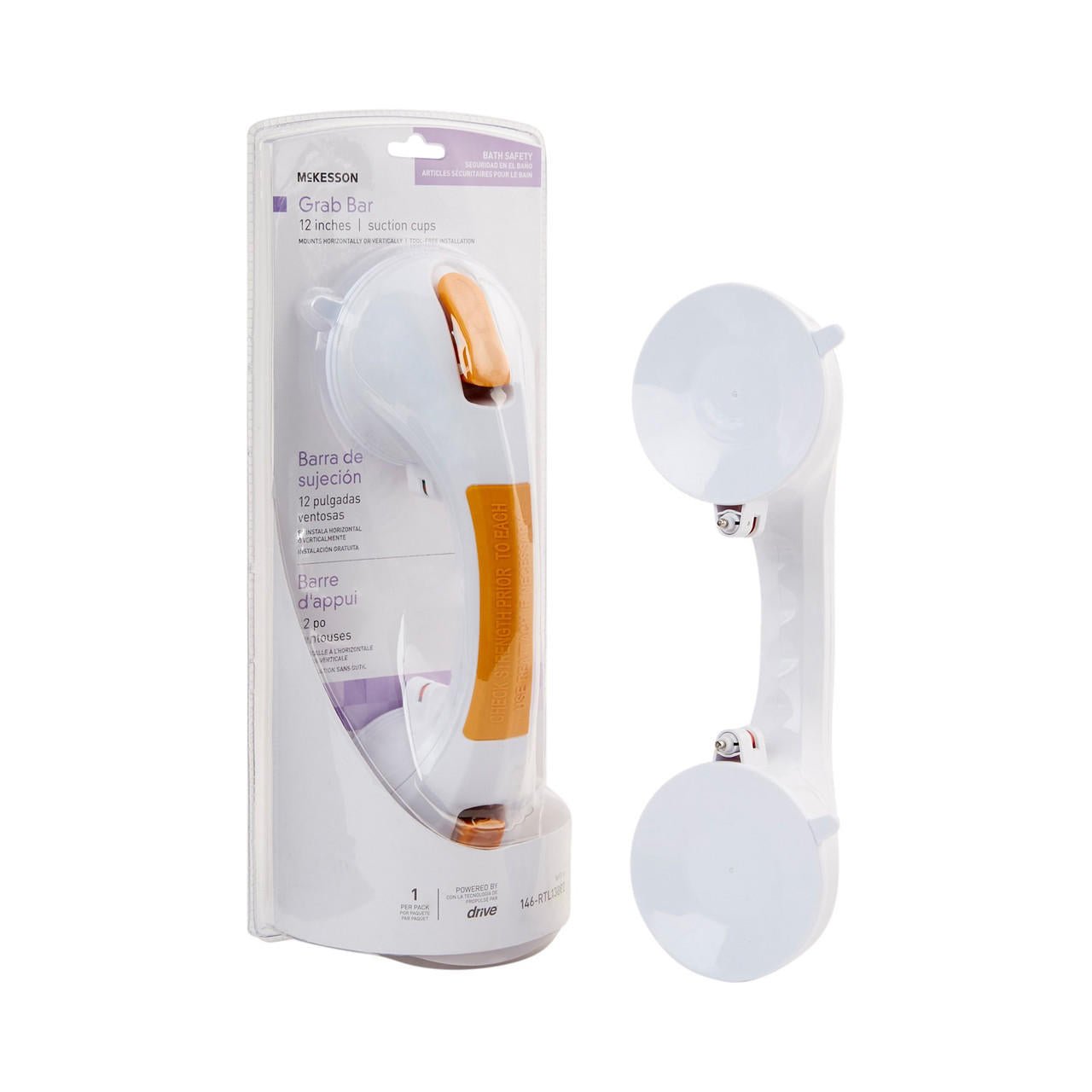 Packaged suction-cup grab bar: orange handle with two white suction cups