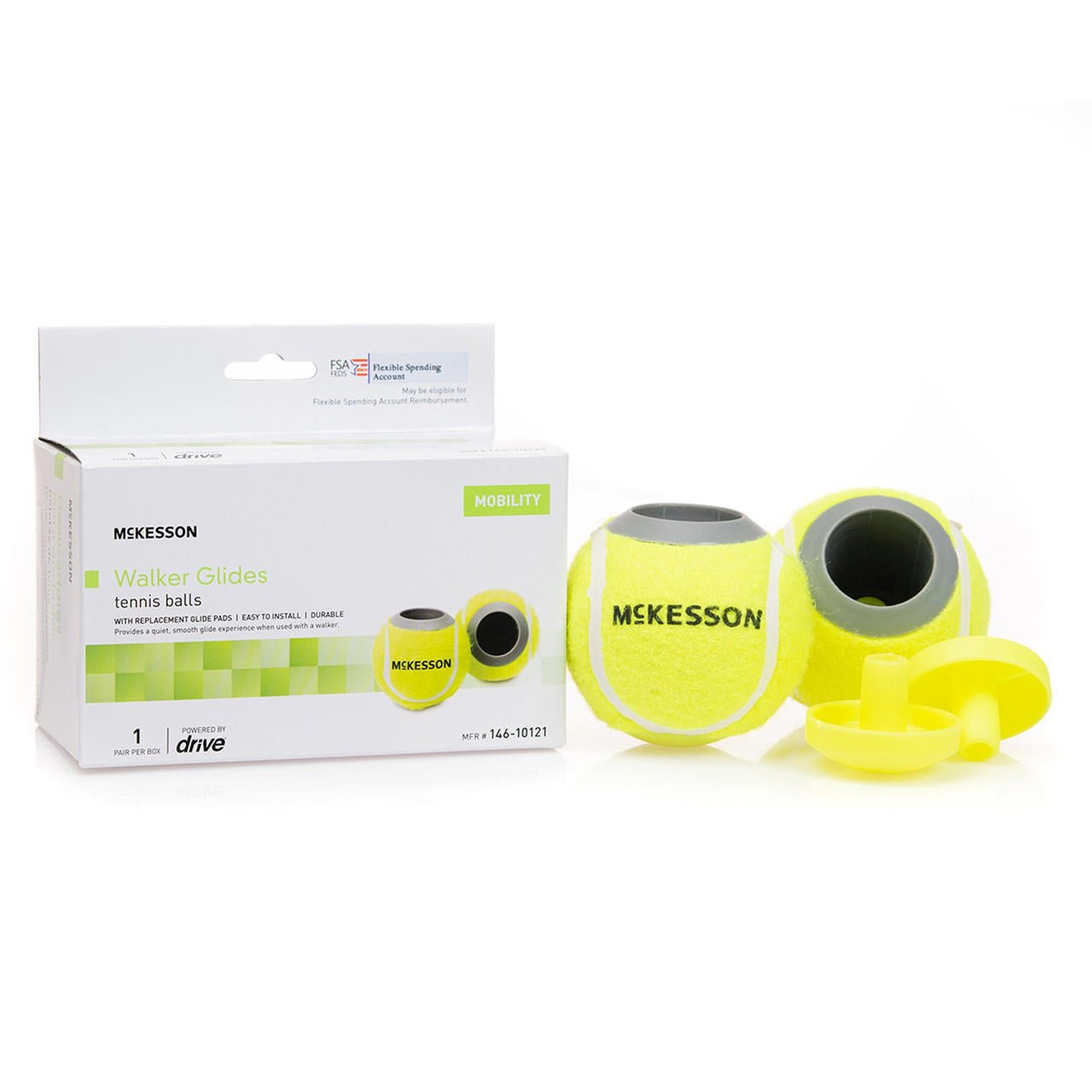 Packaged walker glide tennis ball pads: yellow fuzzy covers with black center holes