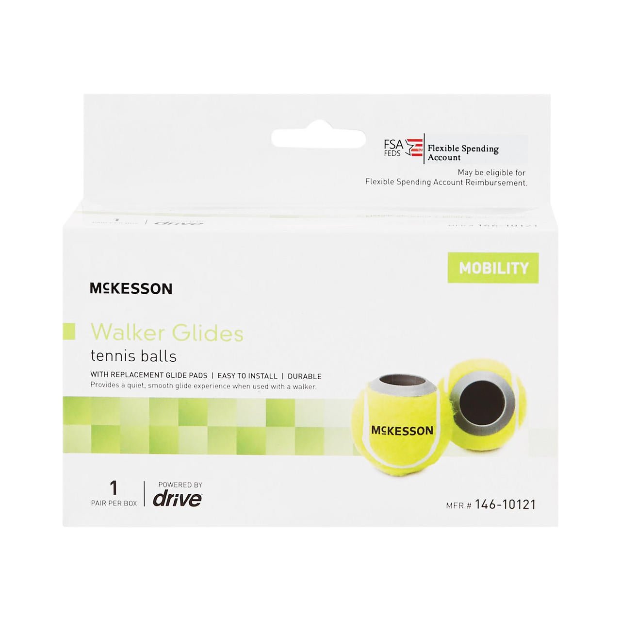 Walker glide pads box and 2 yellow tennis ball glide pads with gray openings