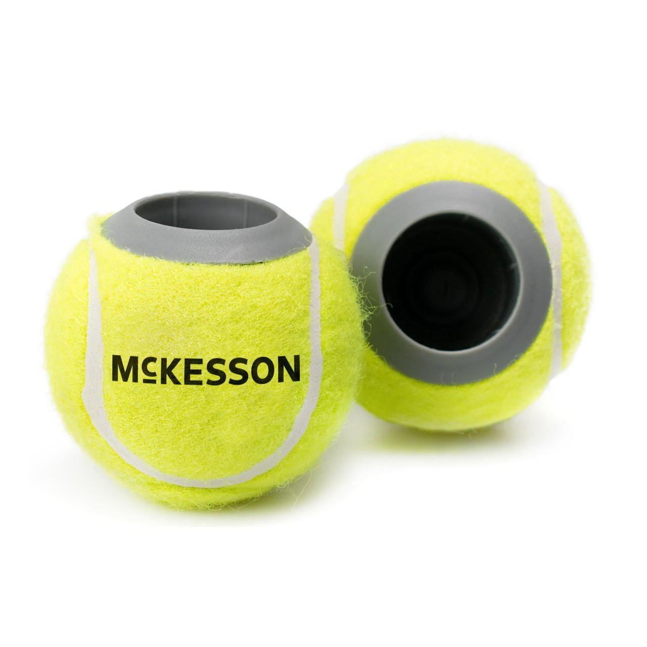 Yellow tennis ball glide pads with gray caps and black openings, 2-pack