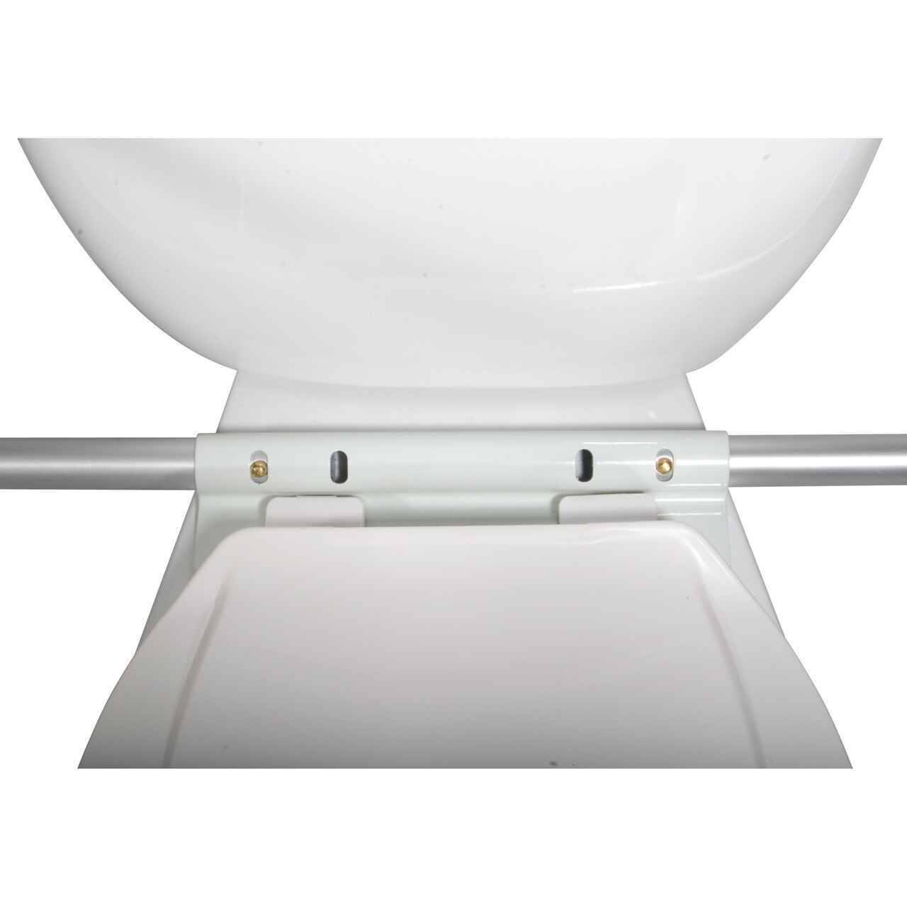 Toilet safety frame front bar with mounting brackets over the toilet seat opening