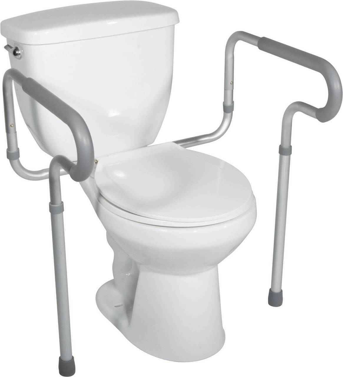 Toilet safety frame with padded side handrails and stability supports for easy transfers