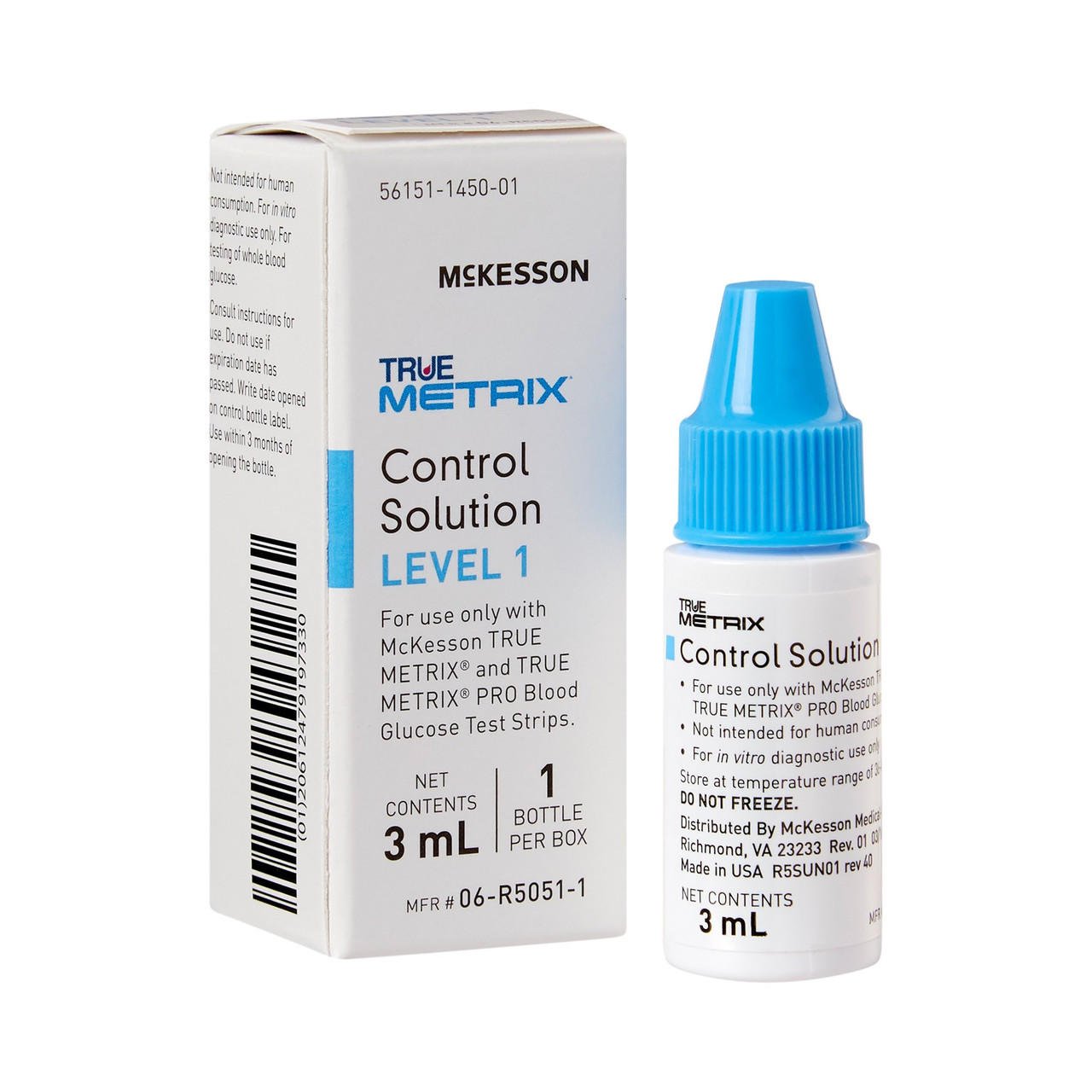 McKesson True Metrix Control Solution Level 1, 3 mL bottle and box with blue cap