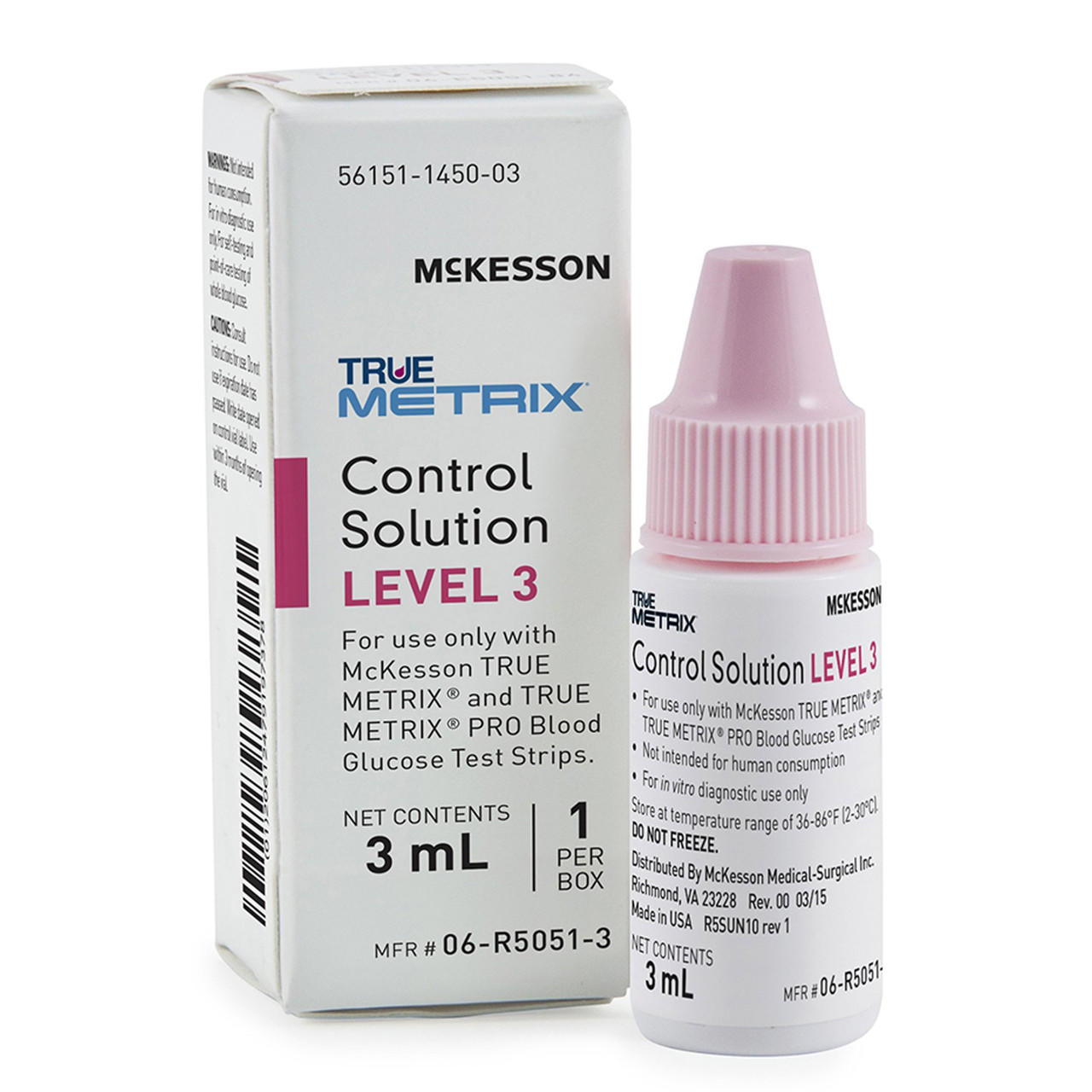 True Metrix control solution Level 3, 3 mL bottle with pink cap beside box