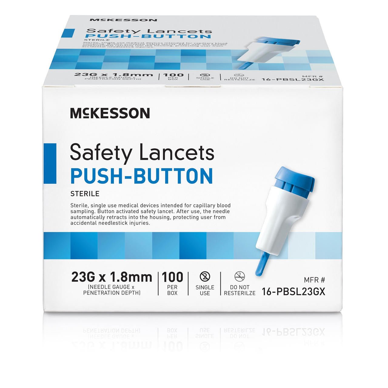 Safety push-button lancets box with blue lancet device, 23G x 1.8mm depth