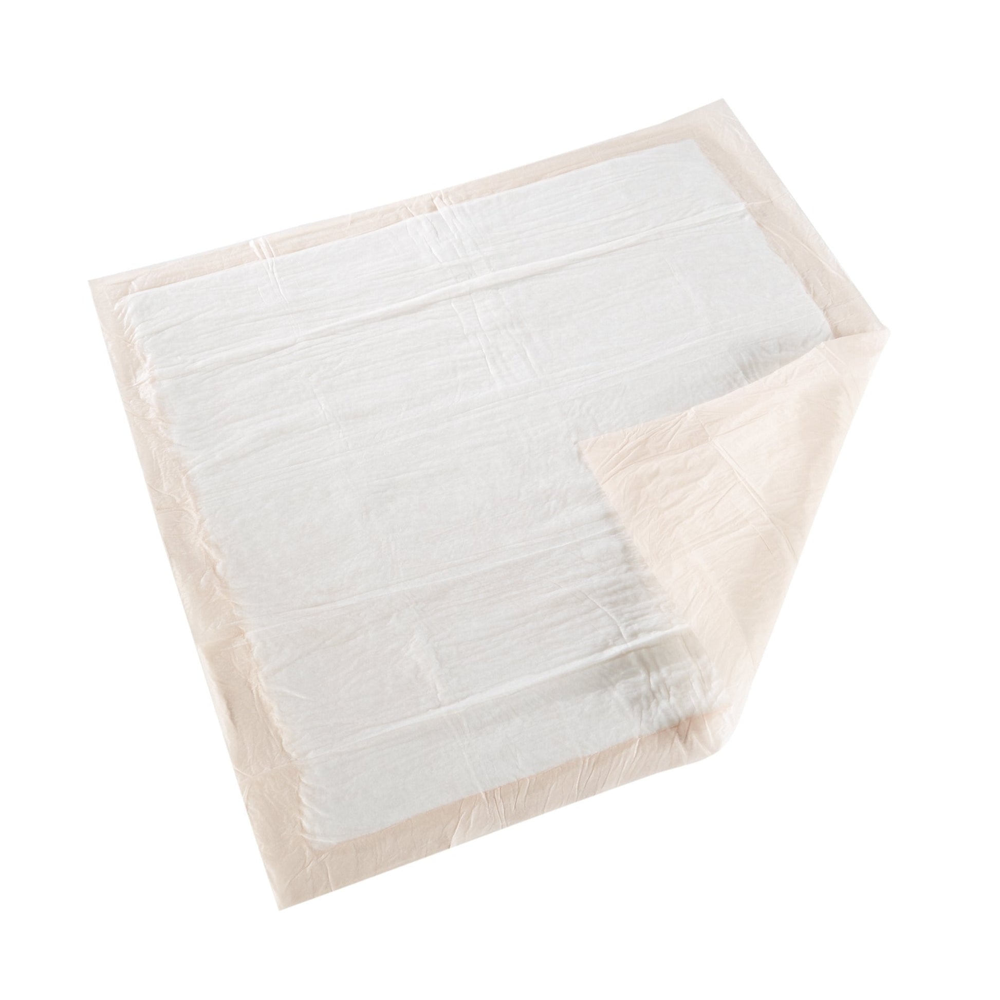 Stacked white underpads, rectangular absorbent sheets, folded for storage