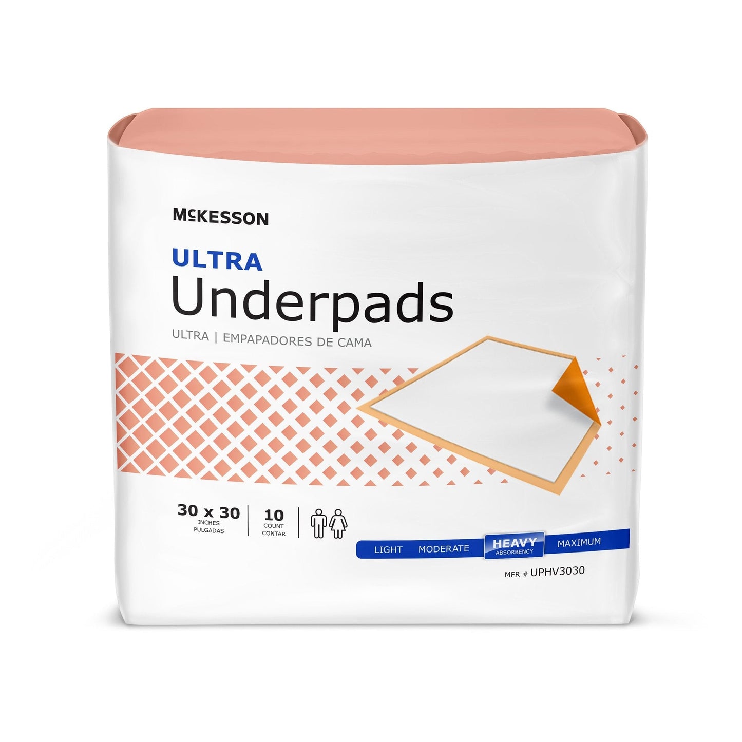 McKesson Ultra underpads, 30 x 30 in, pack of 10; white absorbent pads in box
