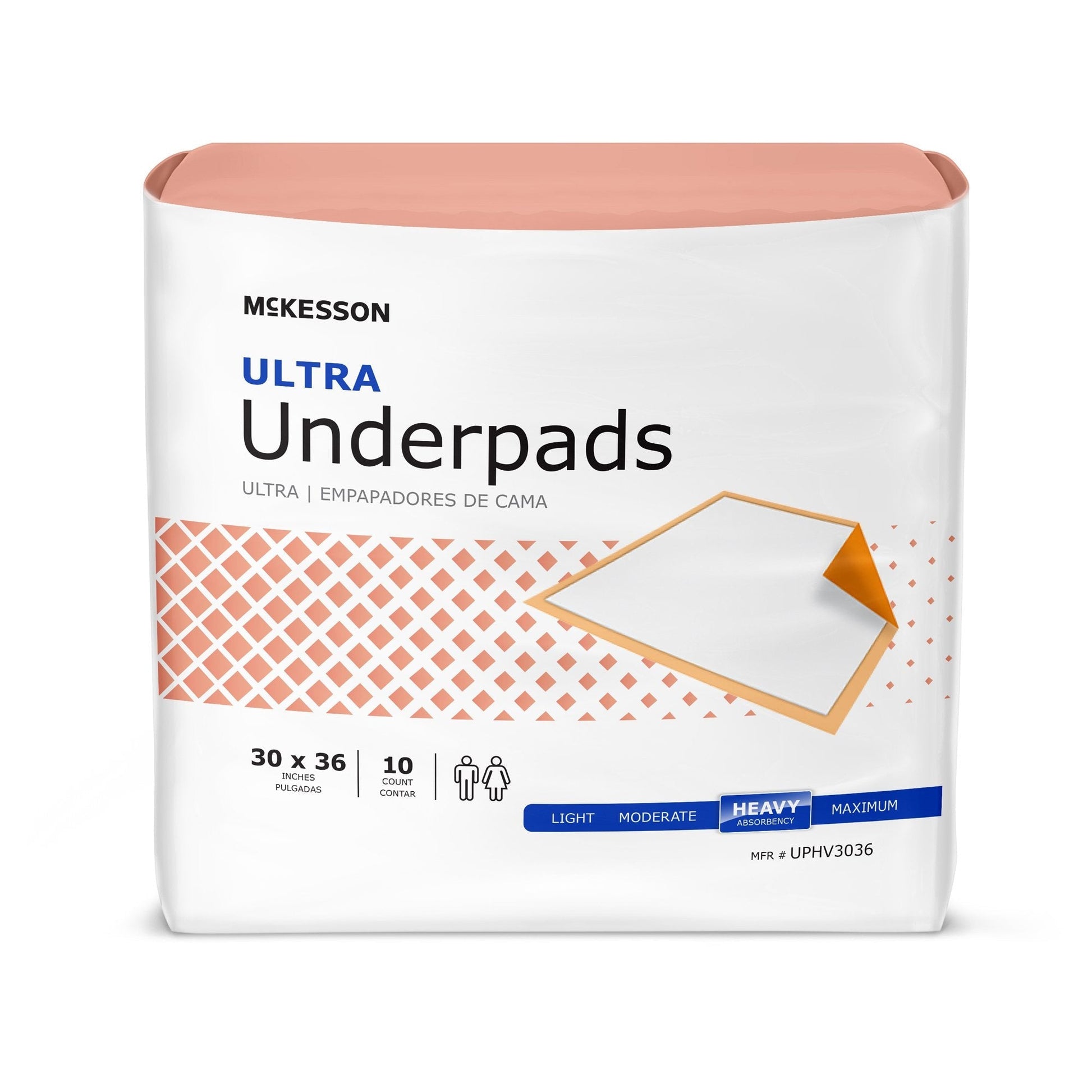 McKesson Ultra underpads, 30 x 36 in, pack of 10; white absorbent pads in box