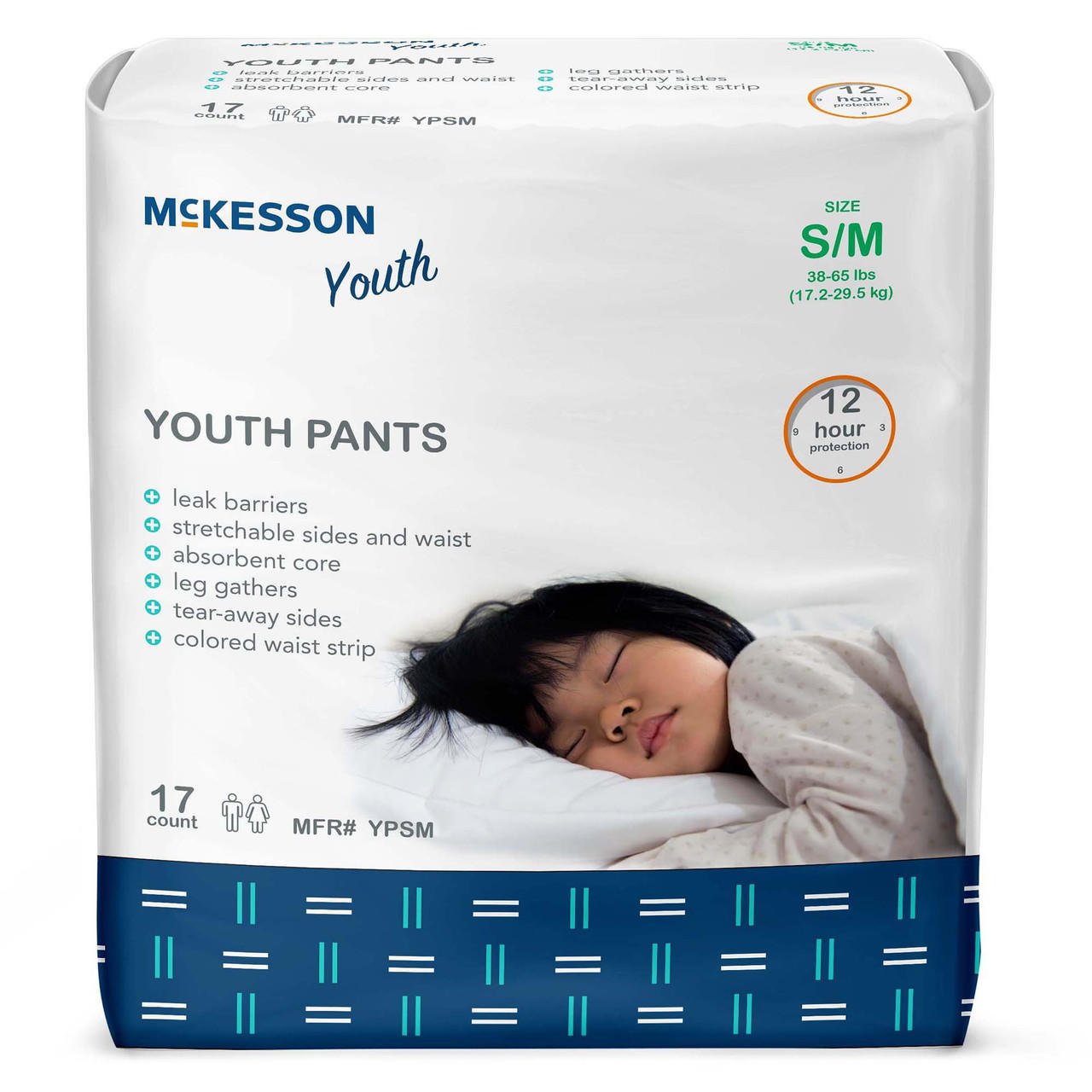 Package of McKesson Youth Pants with a child sleeping on a pillow